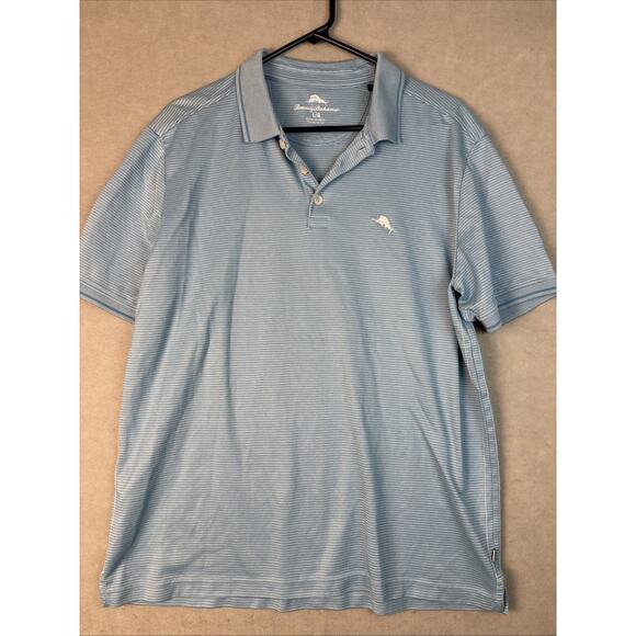 Tommy Bahama Other - Tommy Bahama Shirt Mens Lg Short‎ Sleeve Polo Baby Blue Striped Cotton Blend